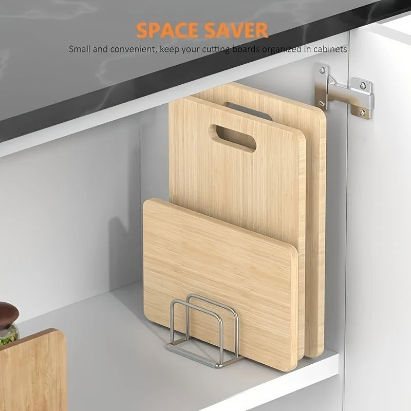 1pc Space-Saving Stainless Steel Pot Lid and Cutting Board Organizer Combo - Heavy-Duty Countertop Rack, kitchen organizer