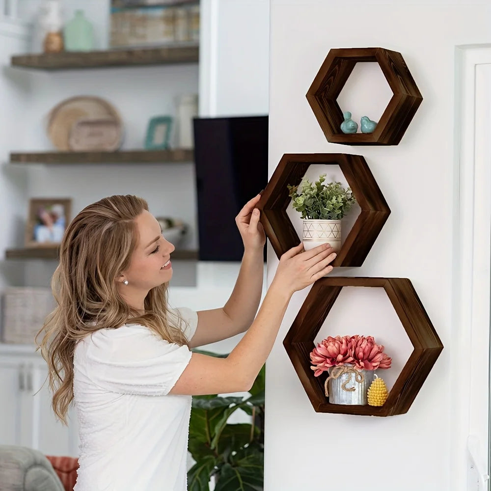 Hexagon Floating Wall Shelf, Hexagon Storage Rack - For Home Decoration Lovers - Perfect Gift - Suitable for Bathroom, Bedroom