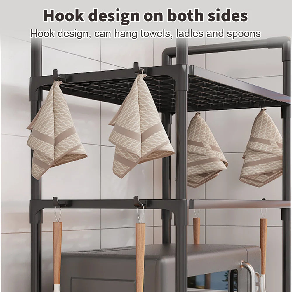 Multi-Purpose Kitchen Storage Rack for Microwave, Oven, Countertop Organizer with Tool Hooks Tidying Shelves Kitchen Accessories